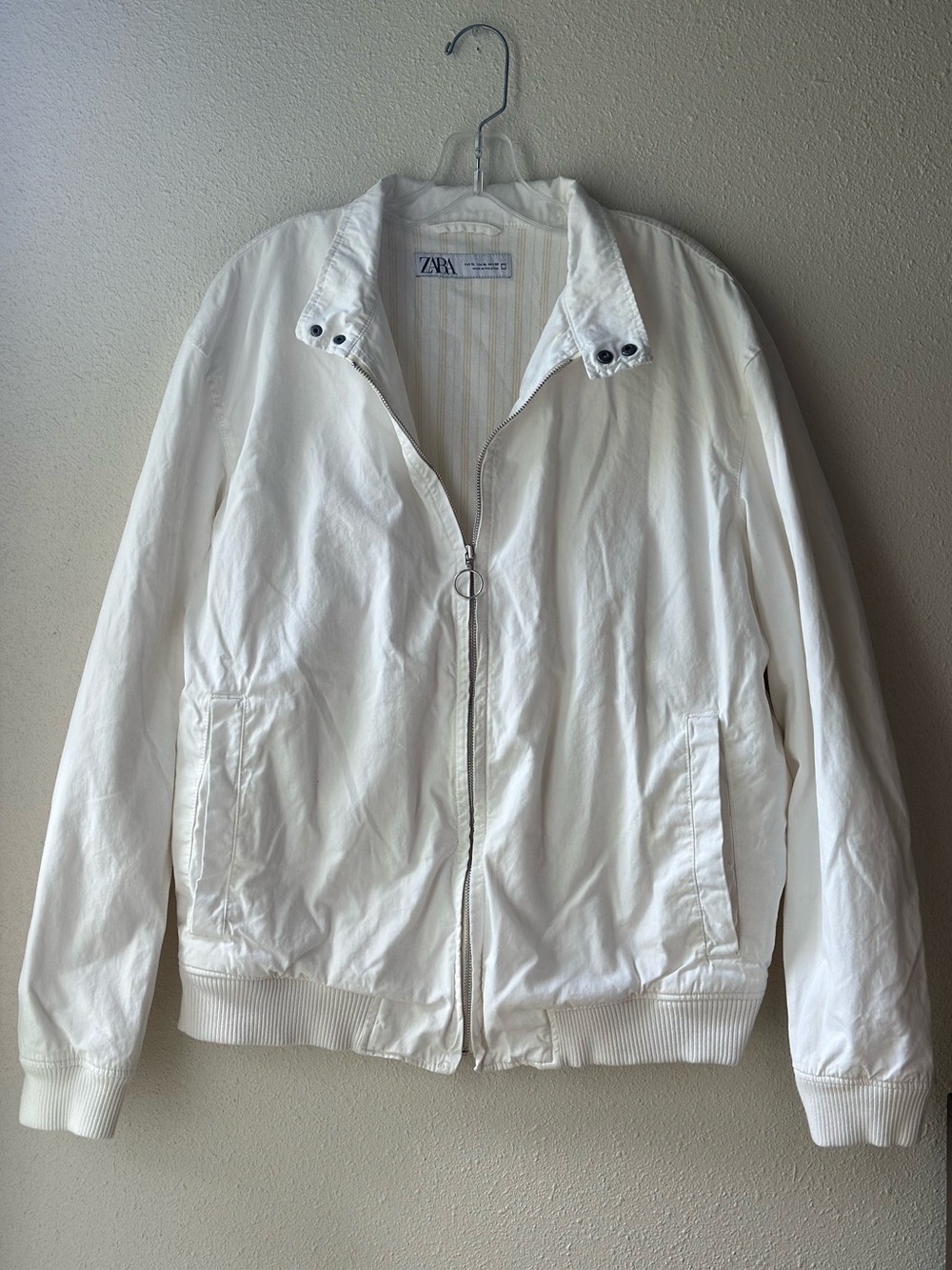 Zara White Lightweight Full Zip Jacket Mens XL Ring Zipper Pulled Bomber Cotton